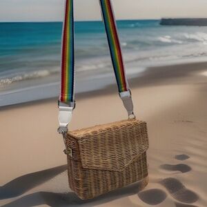 New Fallon & Royce Kaia Rattan Bag Rainbow Strap Crossbody Basket Purse Summer